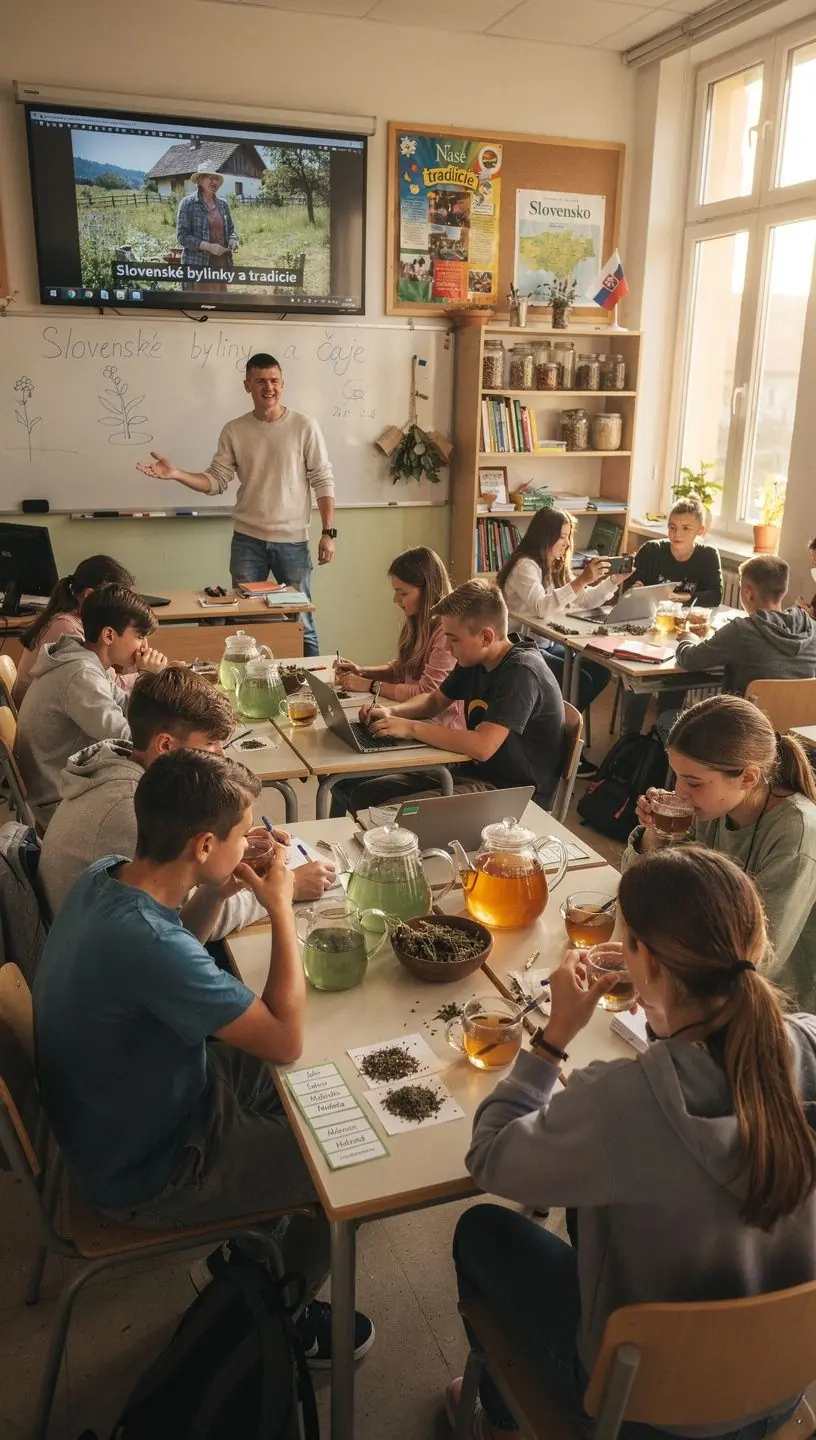 Šálka horúceho čaju podávaná na drevenom stole v prírode.