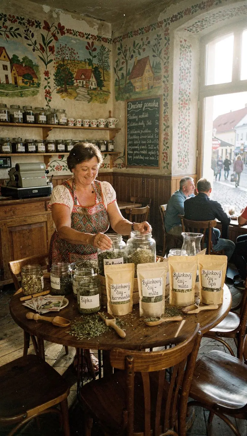 Tradičná slovenská čajová súprava na stole s prírodnými dekoráciami